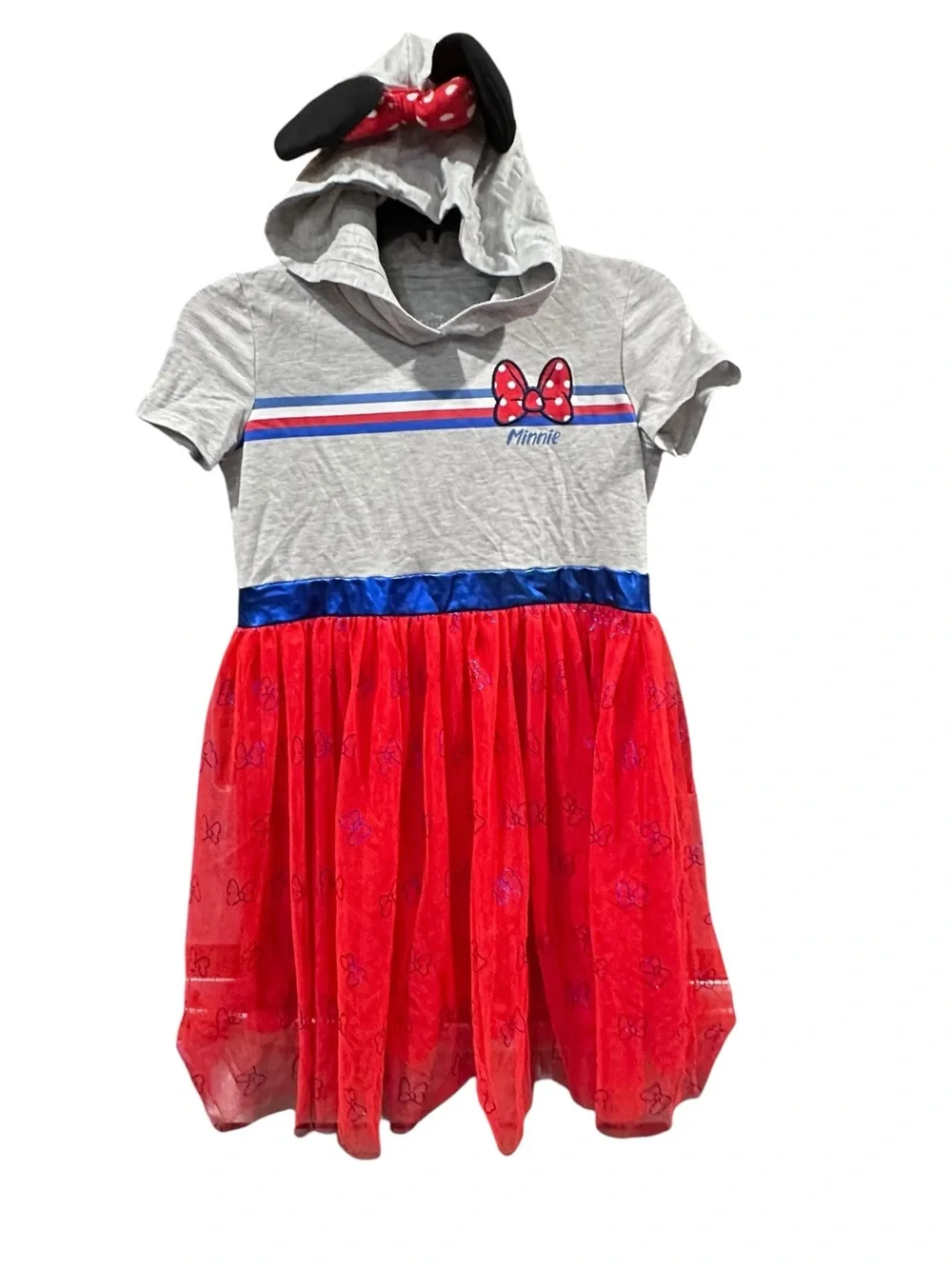 Disney Minnie Mouse Hooded Tulle Dress Girls XL 14 Red Gray Glitter Bow Cute